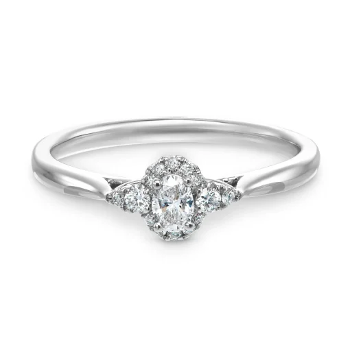 Beaverbrooks 9ct White Gold Diamond Oval Shaped Halo Engagement Ring