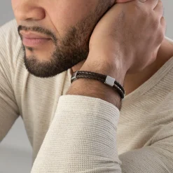 Beaverbrooks Men's Steel and Brown Leather Bracelet
