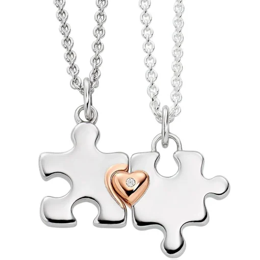 Beaverbrooks Mini B Silver and Rose Gold Plated Diamond Jigsaw Mother Daughter Pendant Set