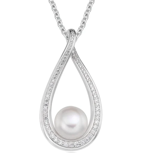 Beaverbrooks Silver Cubic Zirconia Freshwater Cultured Pearl Necklace