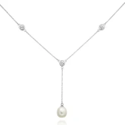 Beaverbrooks Silver Cubic Zirconia Freshwater Cultured Pearl Drop Necklace