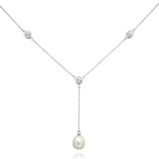 Beaverbrooks Silver Cubic Zirconia Freshwater Cultured Pearl Drop Necklace
