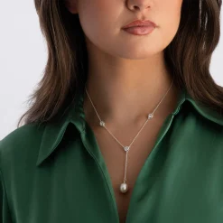 Beaverbrooks Silver Cubic Zirconia Freshwater Cultured Pearl Drop Necklace