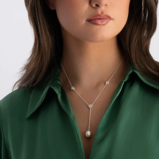 Beaverbrooks Silver Cubic Zirconia Freshwater Cultured Pearl Drop Necklace