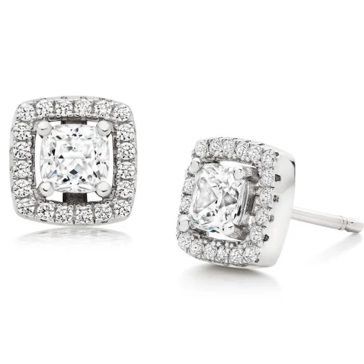 Beaverbrooks Silver Cubic Zirconia Princess Cut Halo Stud Earrings
