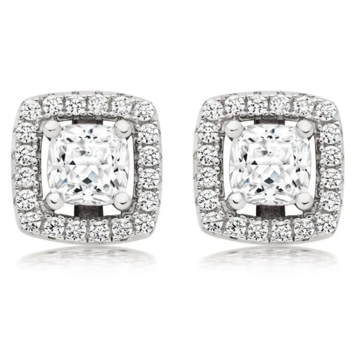 Beaverbrooks Silver Cubic Zirconia Princess Cut Halo Stud Earrings