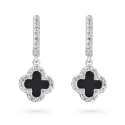 Beaverbrooks Silver Cubic Zirconia Onyx Clover Huggie Hoop Earrings