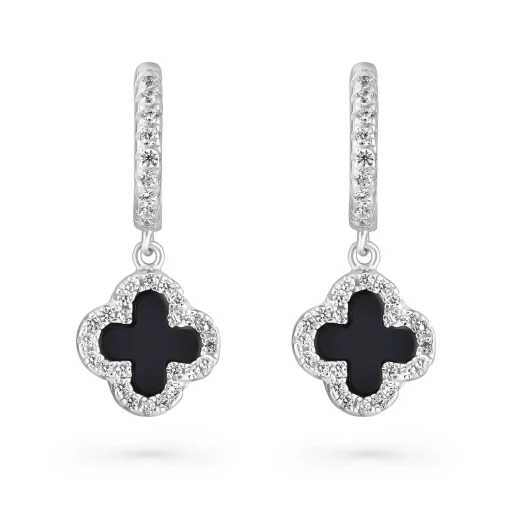 Beaverbrooks Silver Cubic Zirconia Onyx Clover Huggie Hoop Earrings