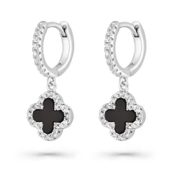 Beaverbrooks Silver Cubic Zirconia Onyx Clover Huggie Hoop Earrings