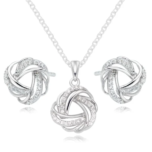Beaverbrooks Silver Cubic Zirconia Knot Pendant and Earrings Set