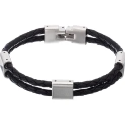 Beaverbrooks Steel and Black Leather Men's Bracelet