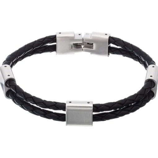 Beaverbrooks Steel and Black Leather Men's Bracelet
