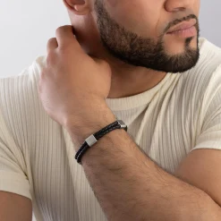 Beaverbrooks Steel and Black Leather Men's Bracelet