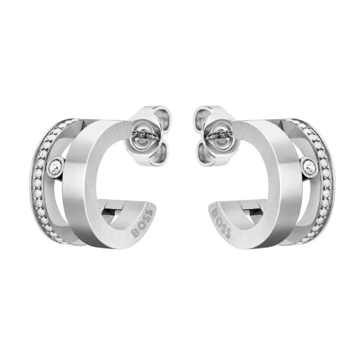 BOSS Stainless Steel Crystal Hoop Earrings