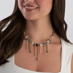 Coeur De Lion Sunray Cube Couture Yellow Gold Tone Pearl and Crystal Necklace