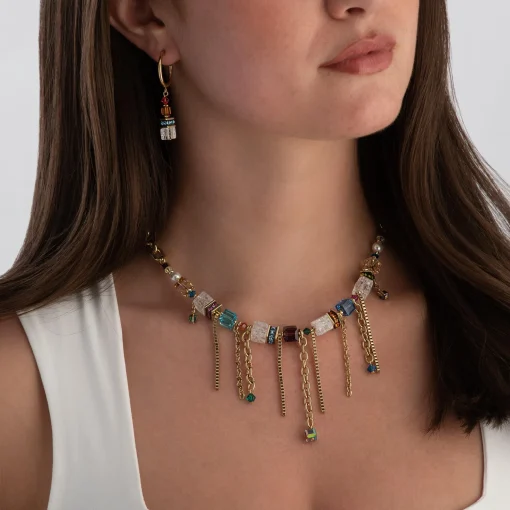 Coeur De Lion Sunray Cube Couture Yellow Gold Tone Pearl and Crystal Necklace