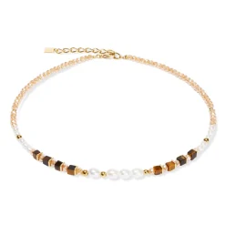 Coeur De Lion Yellow Gold Tone Pearl and Tiger’s Eye Necklace