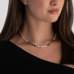 Coeur De Lion Yellow Gold Tone Pearl and Tiger’s Eye Necklace