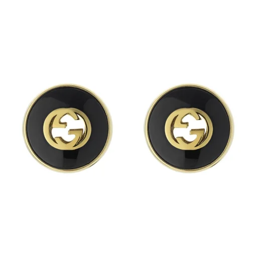 Gucci Interlocking 18ct Yellow Gold Onyx Stud Earrings