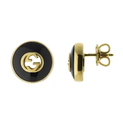 Gucci Interlocking 18ct Yellow Gold Onyx Stud Earrings