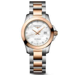 Longines Conquest 29.5mm Stainless Steel and Rose Gold PVD Diamond Ladies Watch