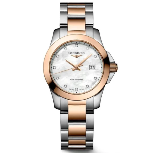 Longines Conquest 29.5mm Stainless Steel and Rose Gold PVD Diamond Ladies Watch