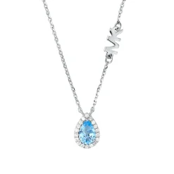 Michael Kors Exclusive Premium Silver Pear Shaped Blue Cubic Zirconia Halo Necklace