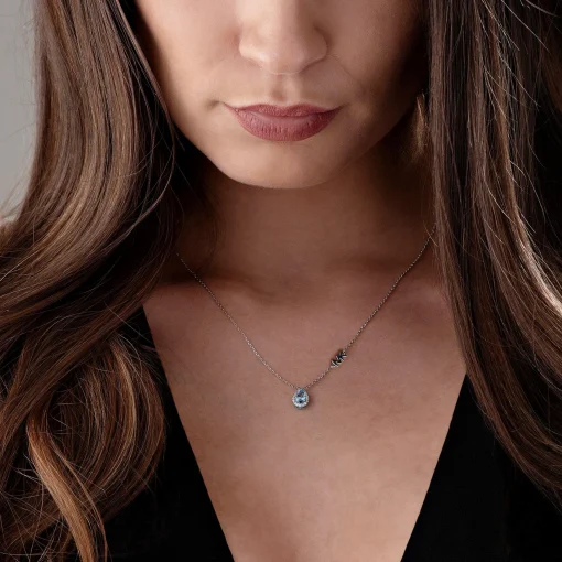 Michael Kors Exclusive Premium Silver Pear Shaped Blue Cubic Zirconia Halo Necklace