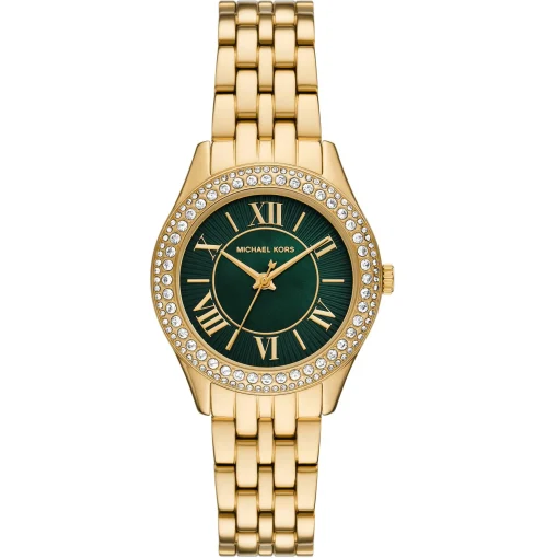 Michael Kors 33mm Yellow Gold Tone Green Crystal Ladies Watch