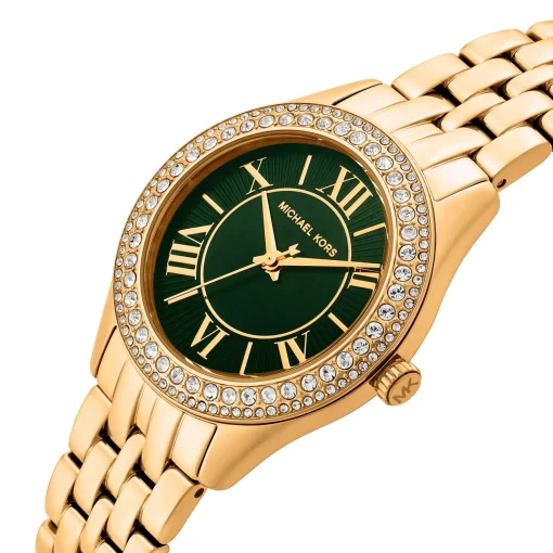 Michael Kors 33mm Yellow Gold Tone Green Crystal Ladies Watch