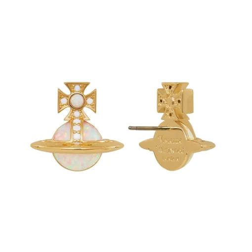 Vivienne Westwood Franca Yellow Gold Tone Cubic Zirconia and Opal Stud Earrings